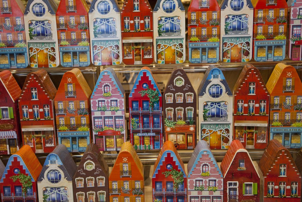 Window display of chocolate tins as houses in the town of Brugge, Belgium by Corbis