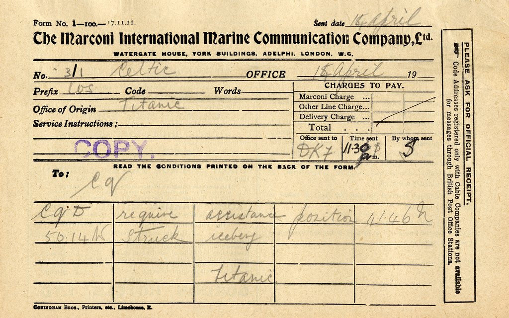 Detail of Message from the RMS <Titanic> by Anonymous