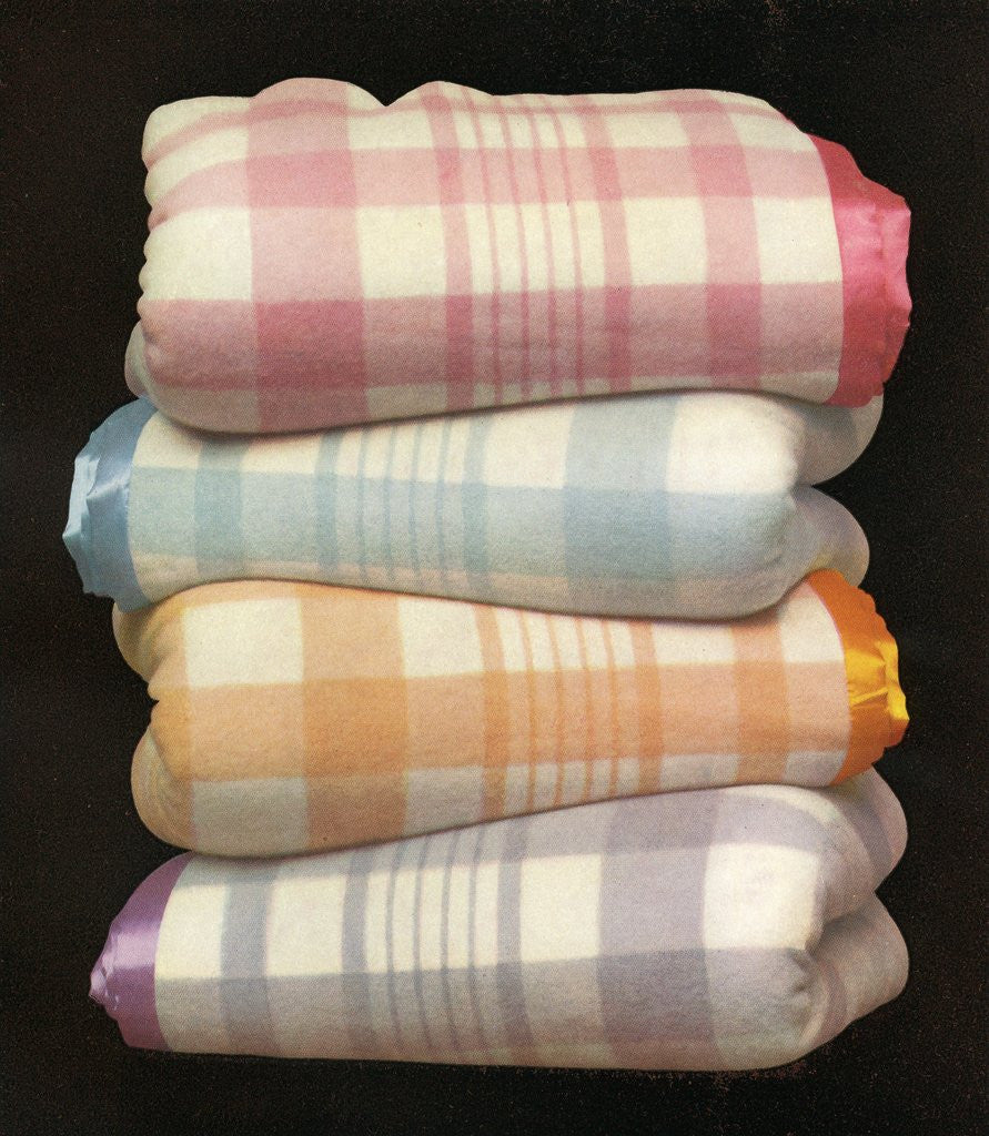 Detail of Vintage illustration of four stacked wool blankets by Anonymous