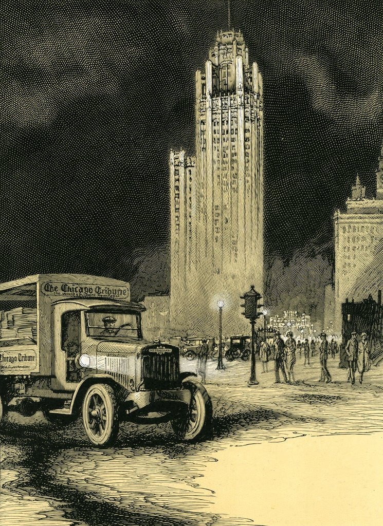 Detail of Vintage print of the Chicago Tribune building and truck delivering newspapers by Anonymous