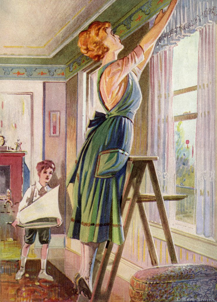 Detail of Housewife hanging curtains in her living room by Anonymous