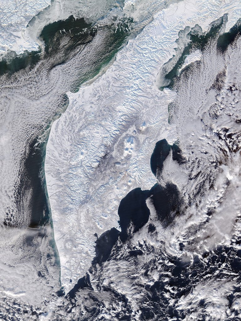 Detail of Satellite view of the Kamchatka peninsula in winter by Corbis