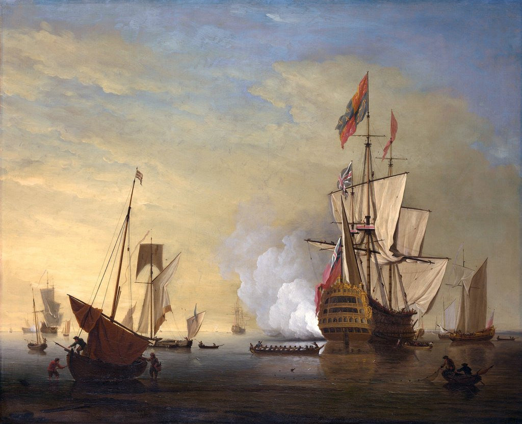Detail of Harbor Scene: An English Ship with Sails Loosened Firing a Gun by Peter Monamy