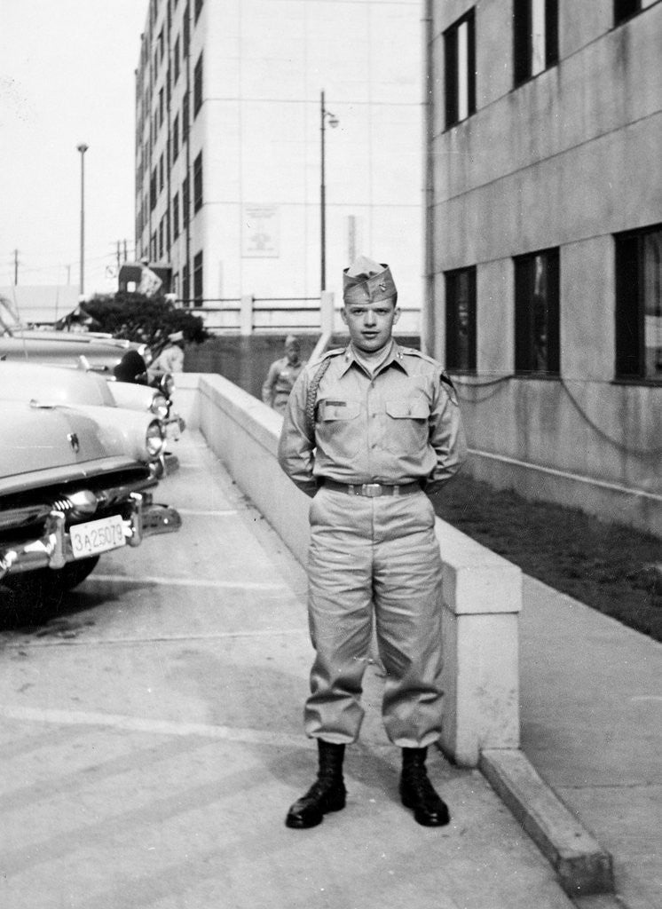Detail of US army soldier poses for a photo on base, ca. 1954. by Anonymous