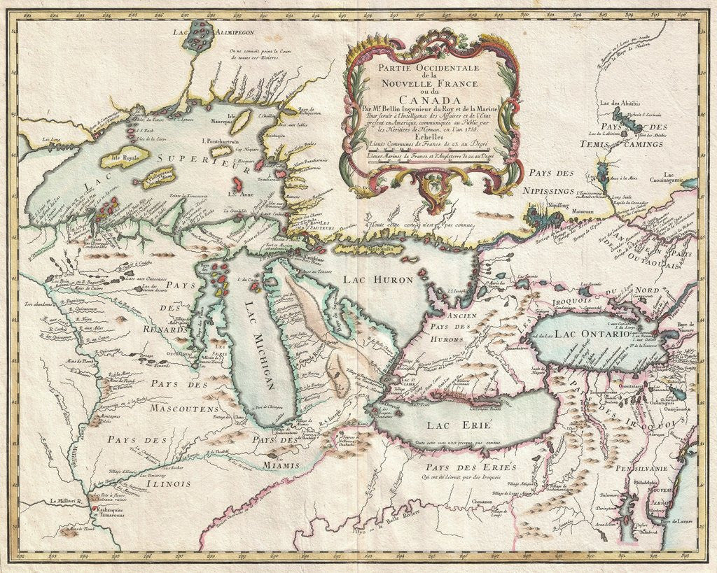 Detail of 1755 map of the Great Lakes region by Anonymous