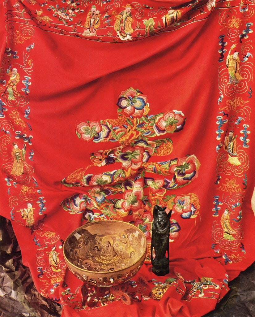 Detail of Still Life with Sumptuous Red Chinese Embroidered Silk by Anonymous