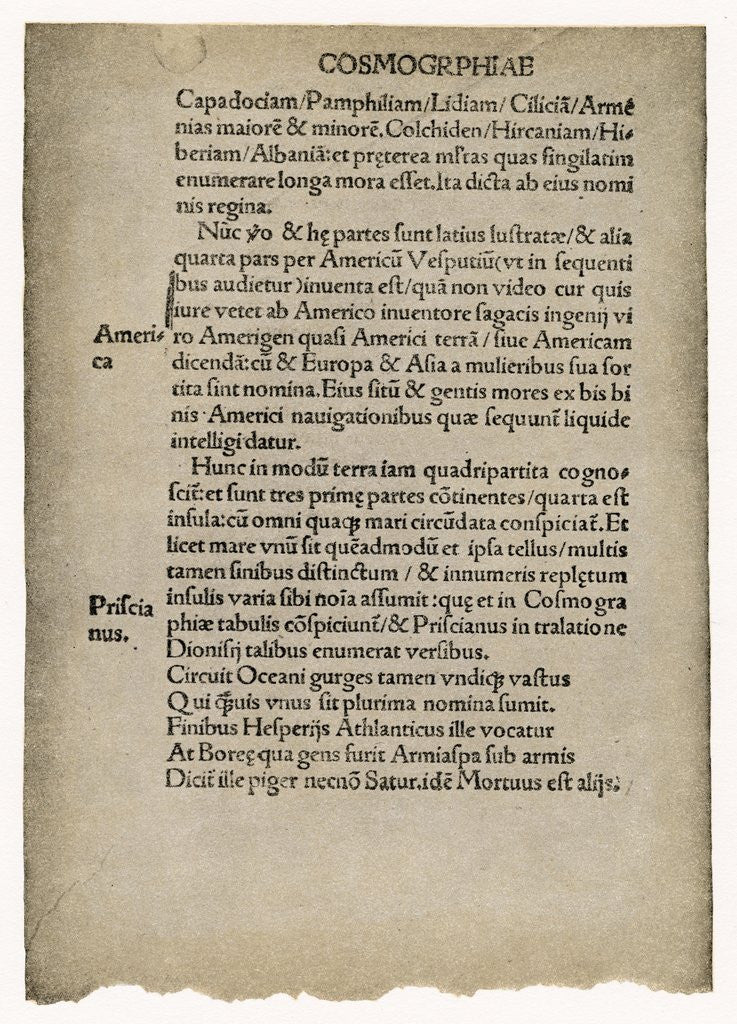 Detail of First Mention of the Name 'America' in 1507 by Anonymous