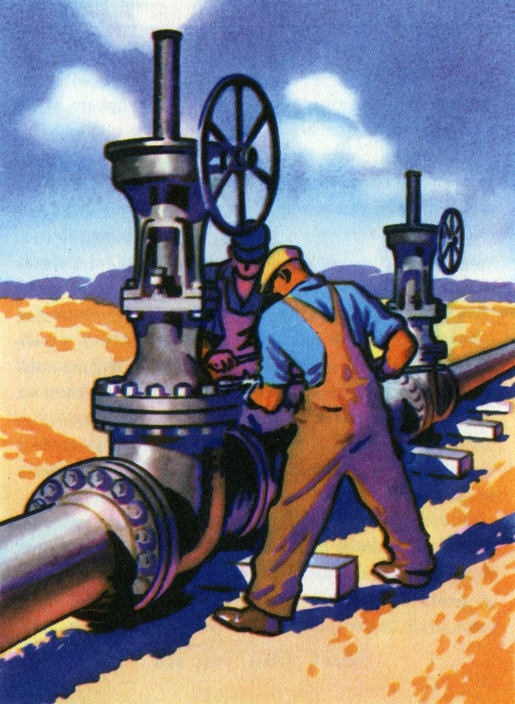 Detail of Oil Series: Oil Workers at an Oil Pipeline by Anonymous