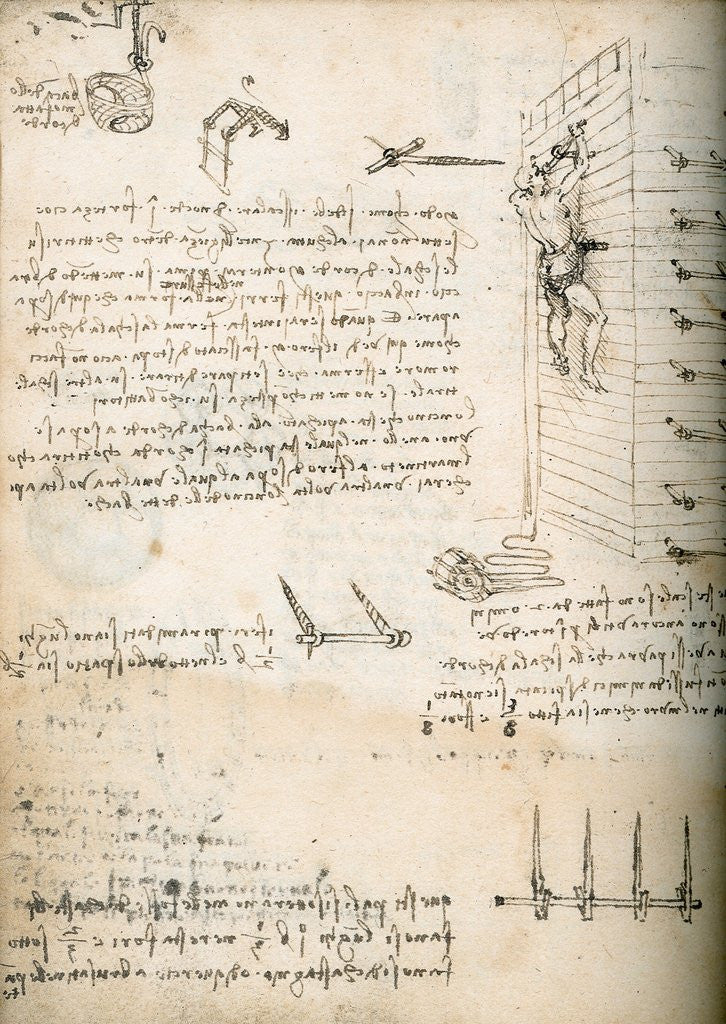 Detail of Notebook drawing of grappling hooks by Leonardo da Vinci