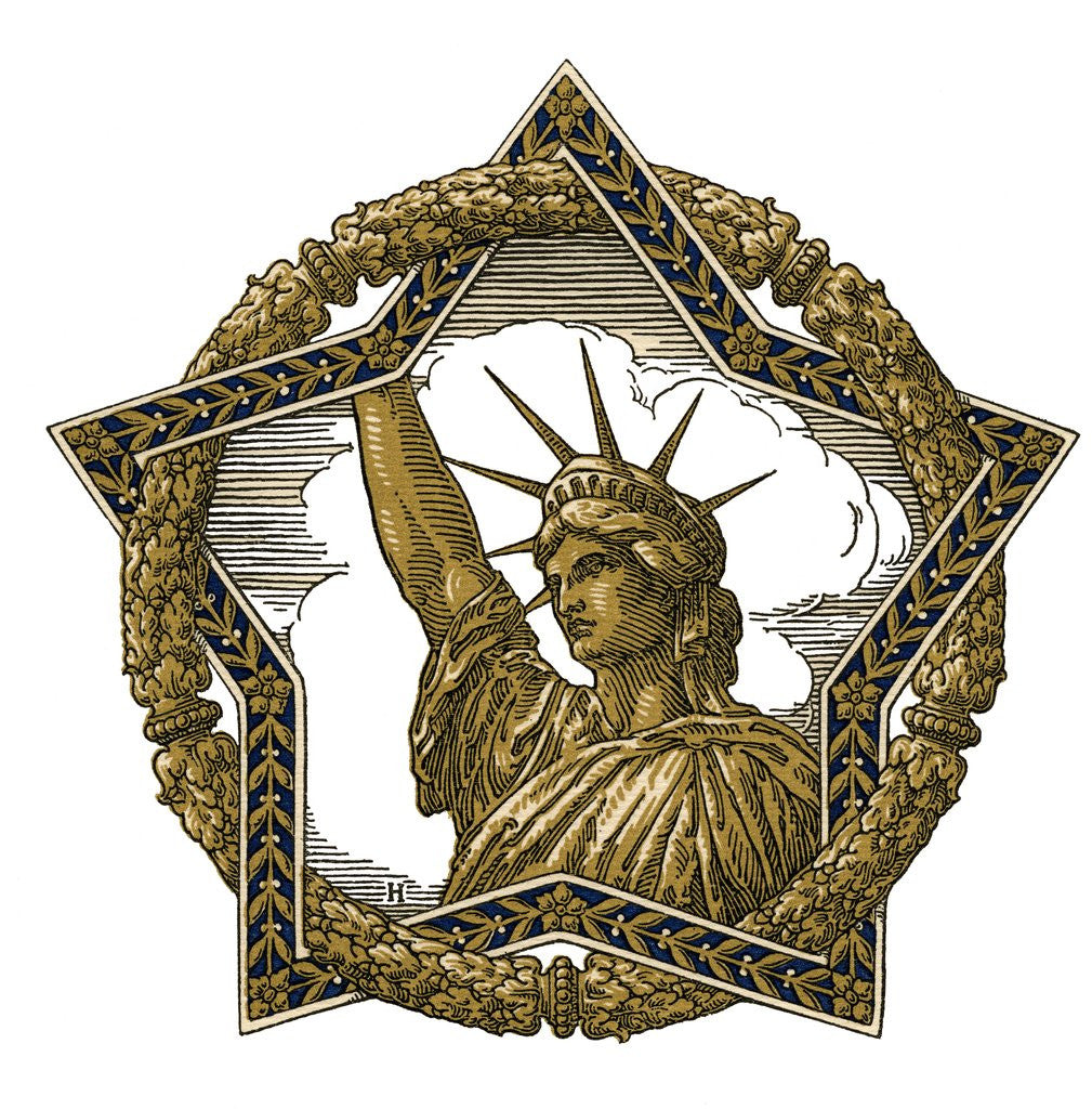 Detail of Vintage illustration of Lady Liberty in a star and wreath border by Anonymous