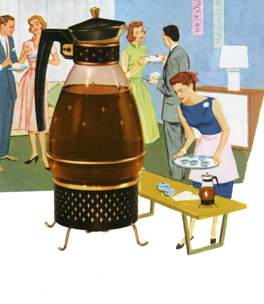 Detail of Coffee carafe and housewife serving coffee to guests by Anonymous