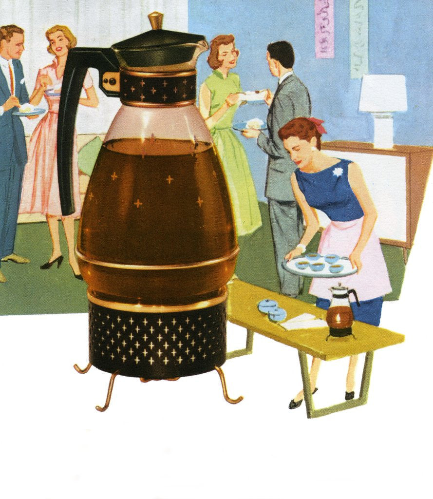 Detail of Coffee carafe and housewife serving coffee to guests by Corbis