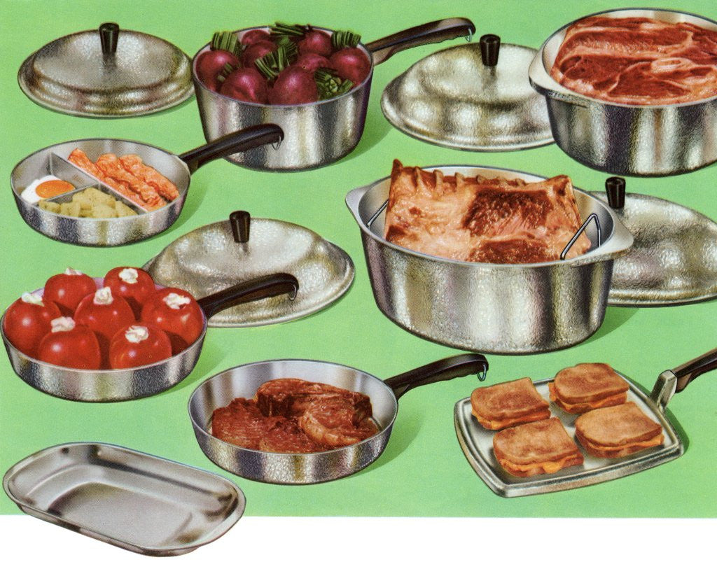 Detail of 1950s set of pots and pans by Anonymous