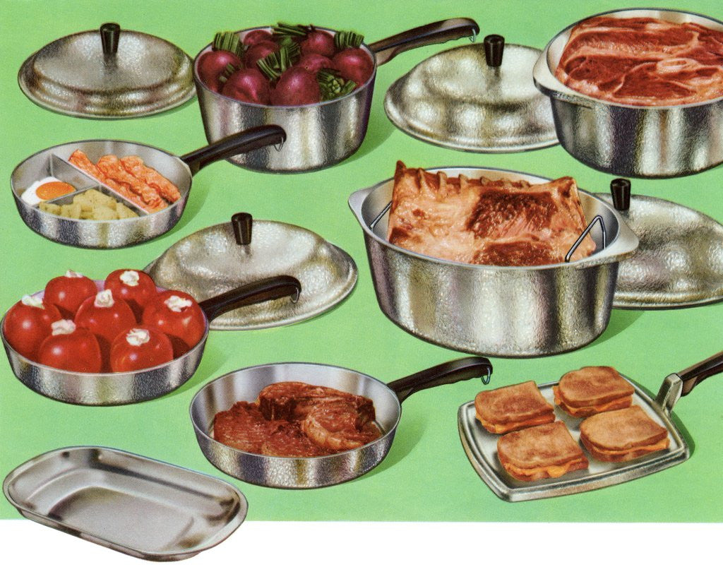 Detail of 1950s set of pots and pans by Corbis