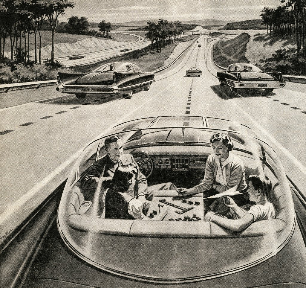 Detail of Family Playing Game While Futuristic Car Drives Itself. by Anonymous