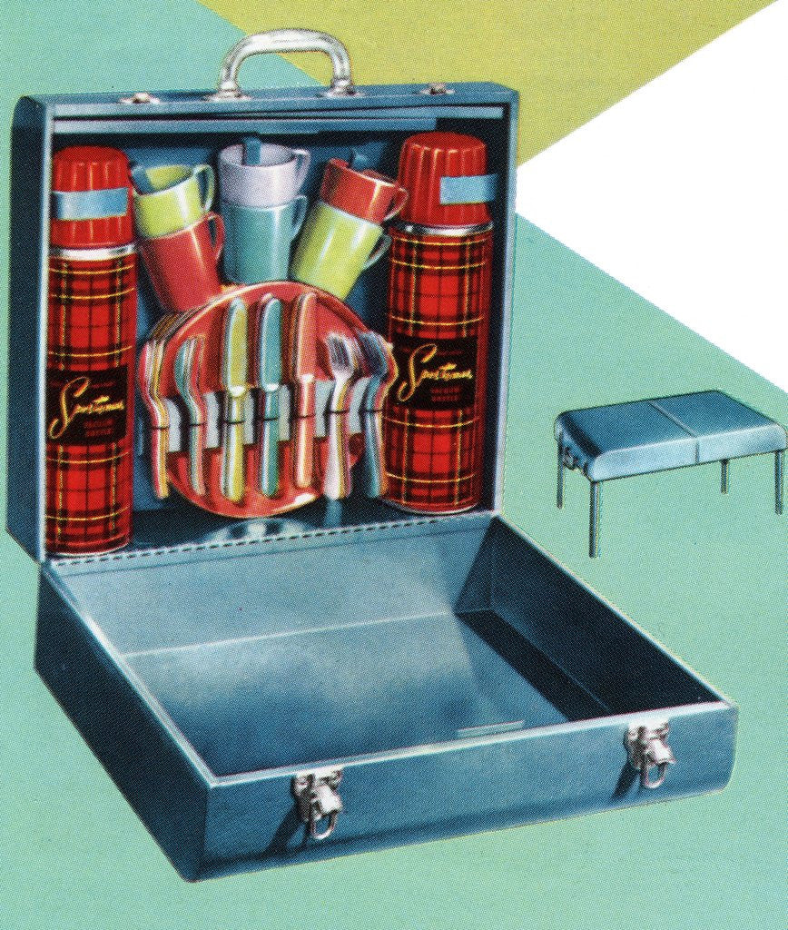 Detail of Vintage Illustration of a 1950s Travelling Picnic Case. by Corbis
