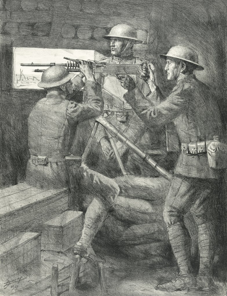 Detail of World War I soldiers manning a machine gun in a bunker by Anonymous