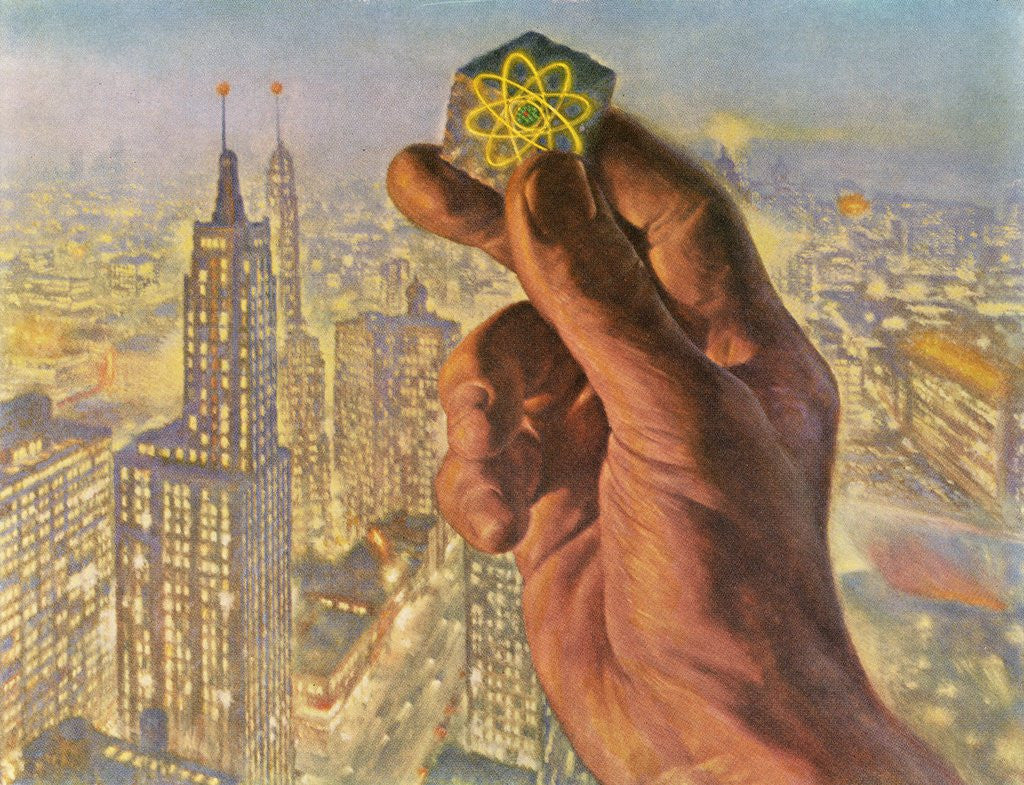 Detail of Hand Holding an Atom in Front of an Electrified City. by Anonymous