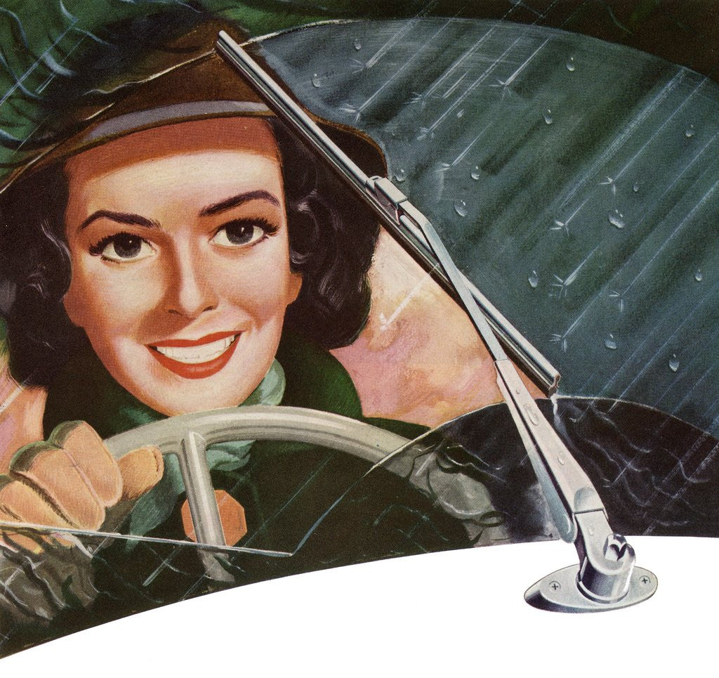 Detail of Wipers Clearing Rain from the Windshield of a Woman Driver. by Anonymous