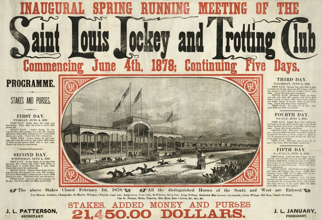Detail of Saint Louis Jockey and Trotting Club race announcement by Anonymous
