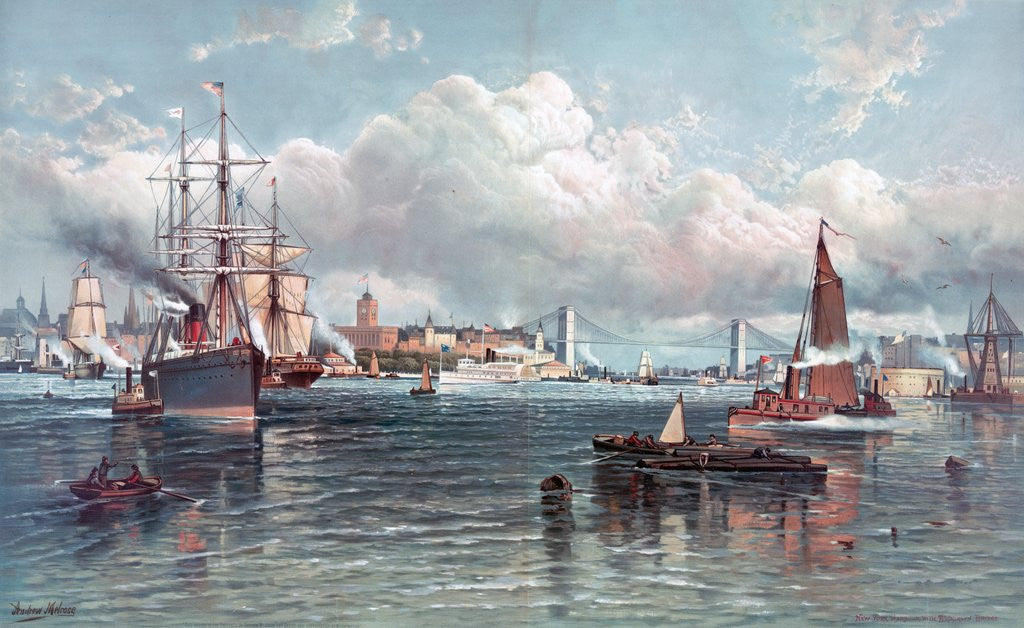 Detail of New York Harbor and the Brooklyn Bridge by Andrew W. Melrose