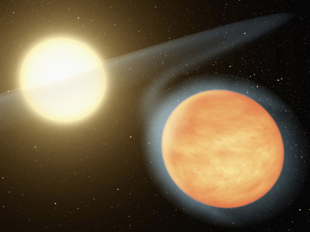 Detail of Artist's conception of the searing-hot gas planet WASP-12b (orange orb) and its star by Anonymous
