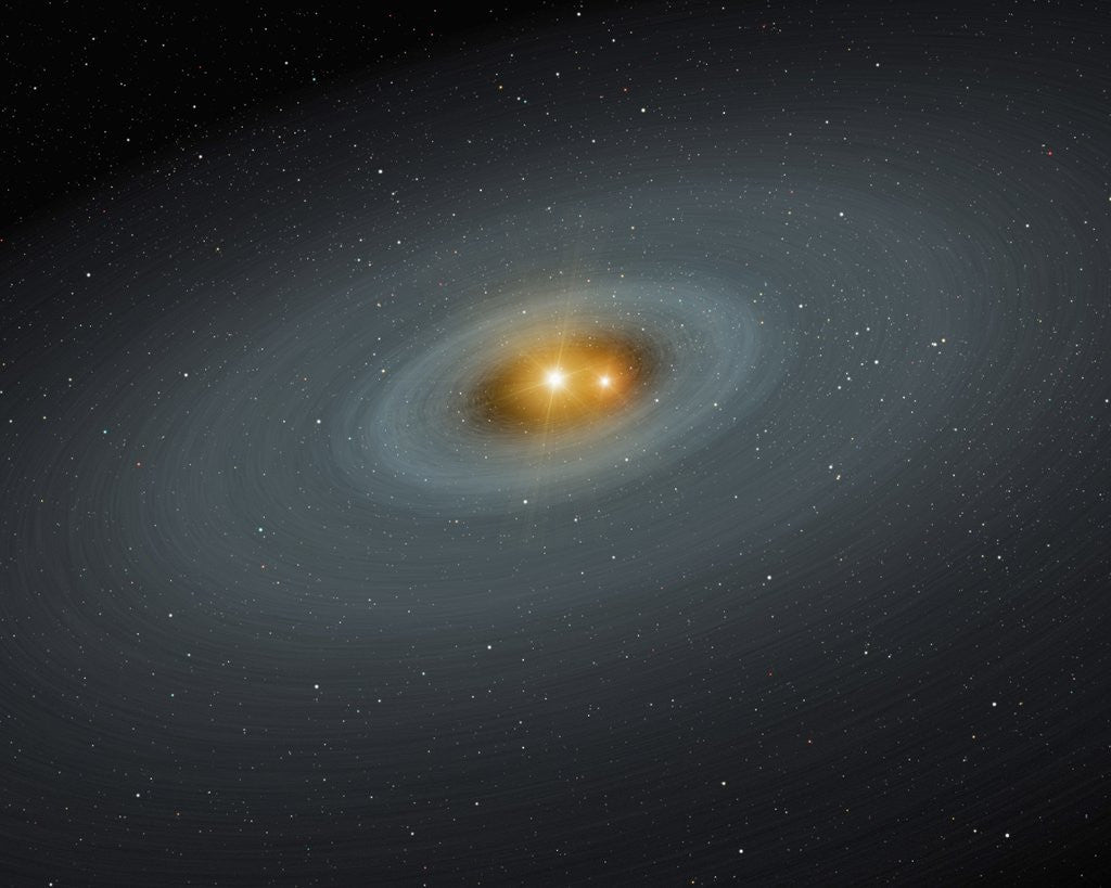 Detail of Artist's conception of a tight pair of stars and a surrounding disk of dust by Anonymous