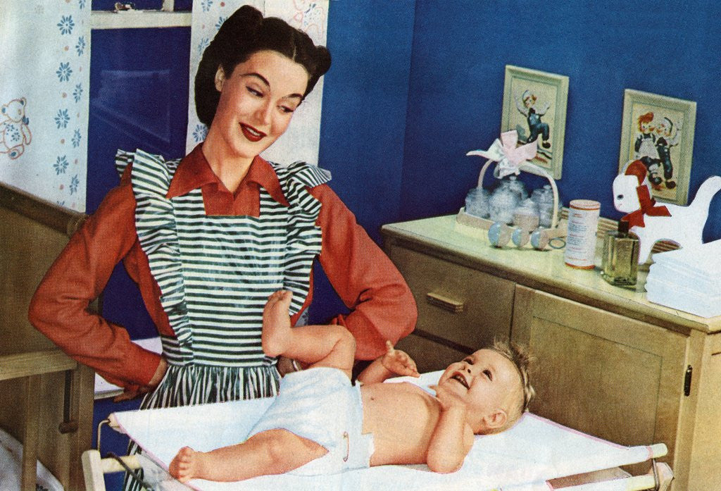 Detail of 1940s Mother with Her Baby on a Changing Table in a Nursery. by Corbis