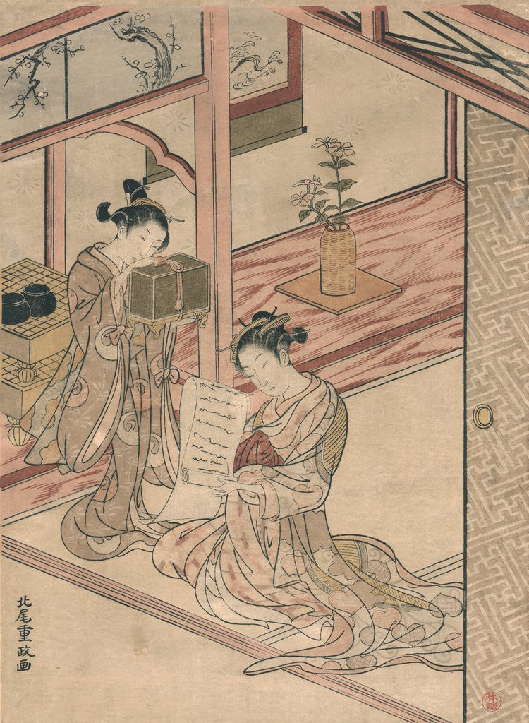 Detail of Courtesan and Kamuro in a parlour by Kitao Shigemasa