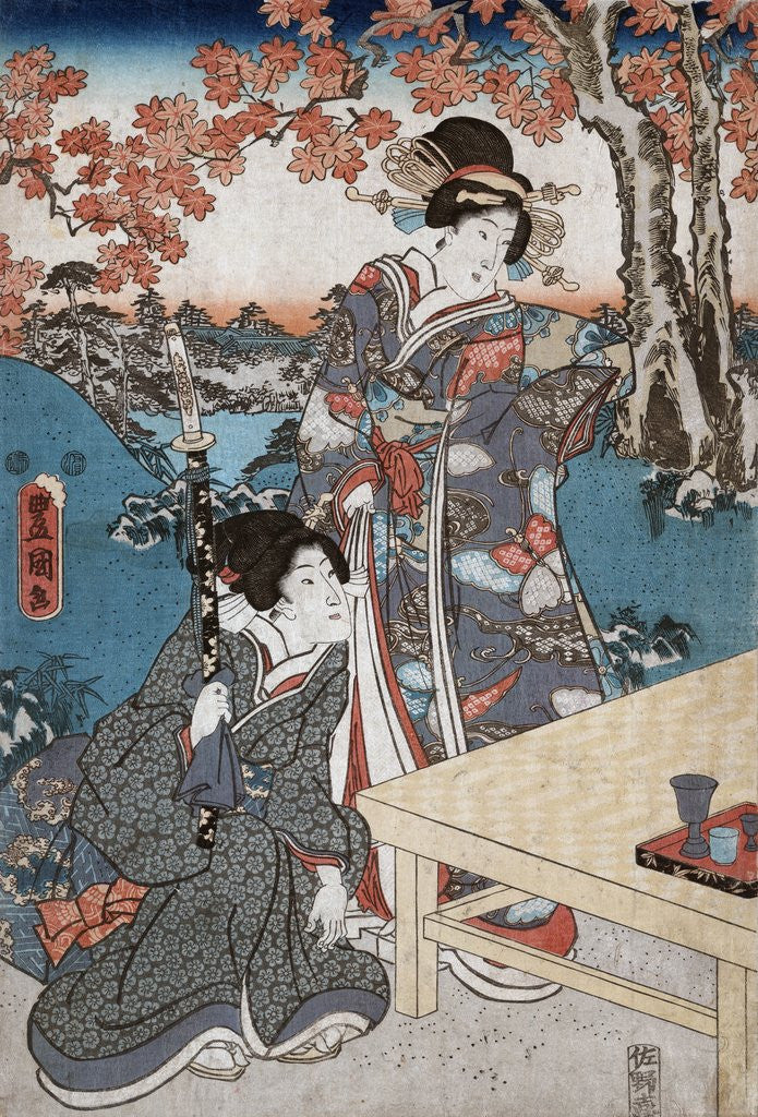 Detail of Court ladies gathering maple leaves by Utagawa Toyokuni