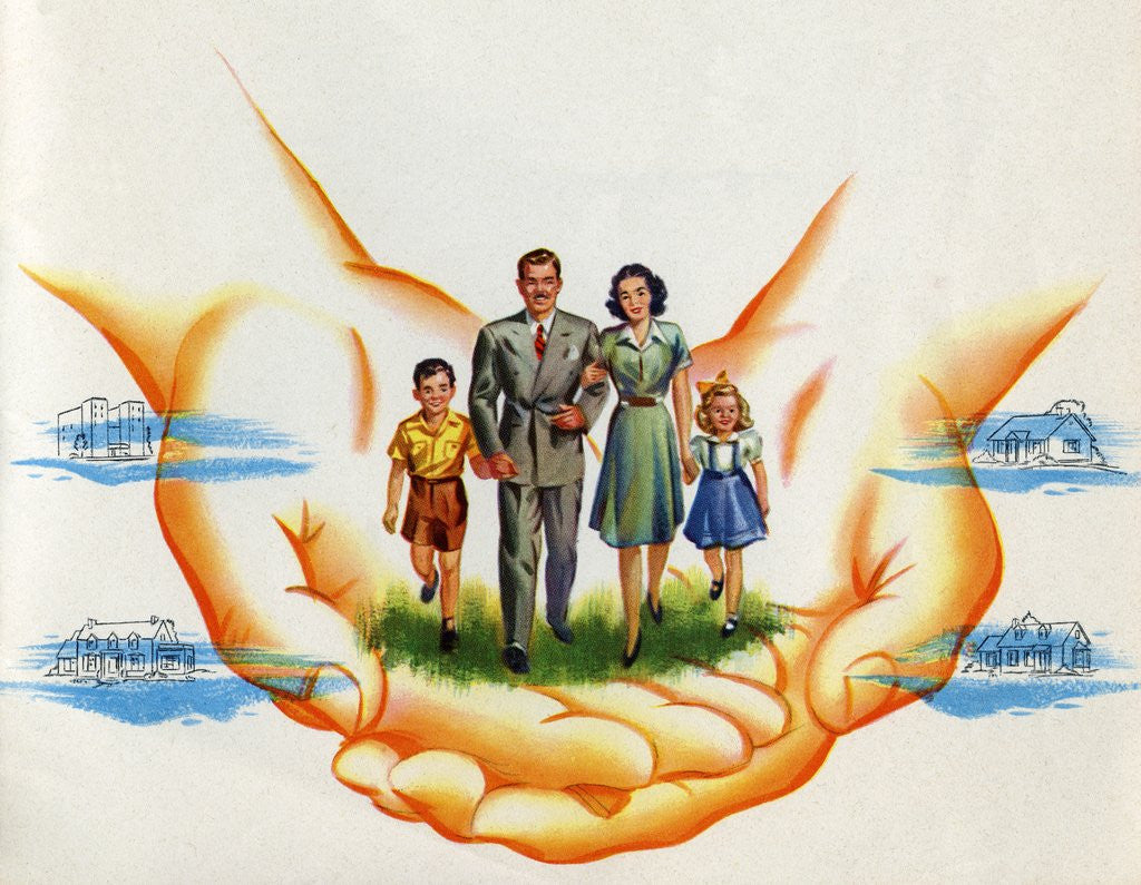 Detail of American Nuclear Family Protected by Hands.