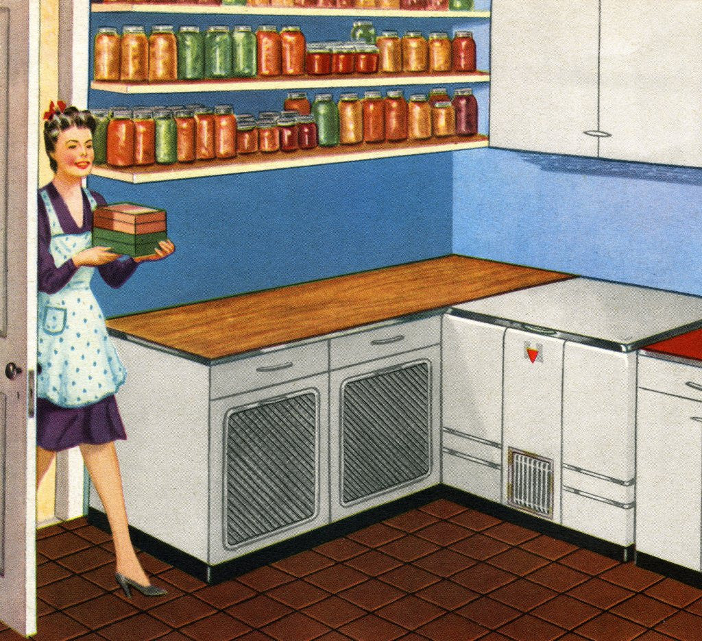 Detail of Housewife Walks into Her Large Kitchen Pantry. by Anonymous