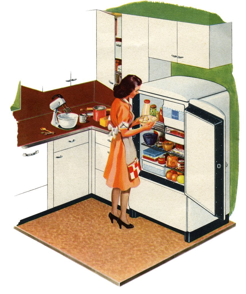 Housewife Opening Refrigerator in Kitchen of 1940s Home. by Corbis