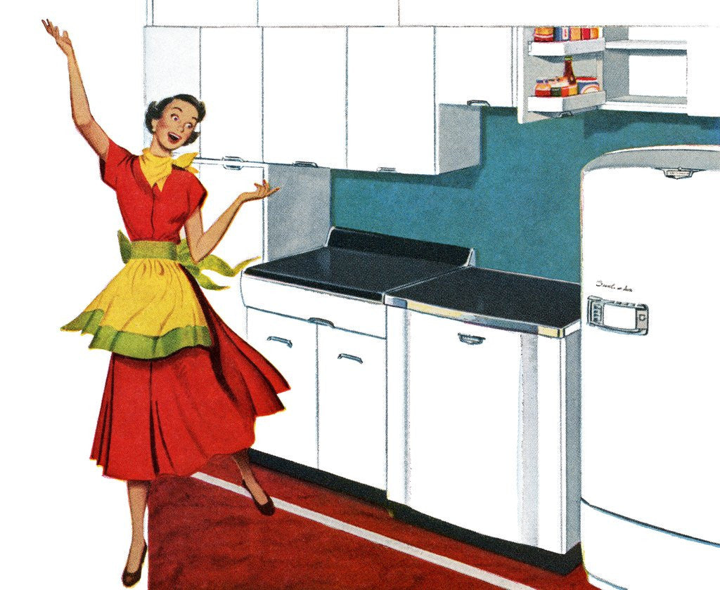 Detail of Happy Housewife Dancing in the Kitchen of a 1940s Home. by Anonymous