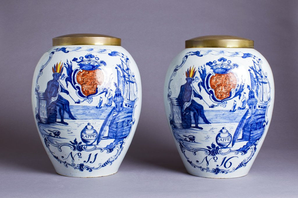 Detail of Pair of porcelain Delft blue and white tobacco jars by Anonymous
