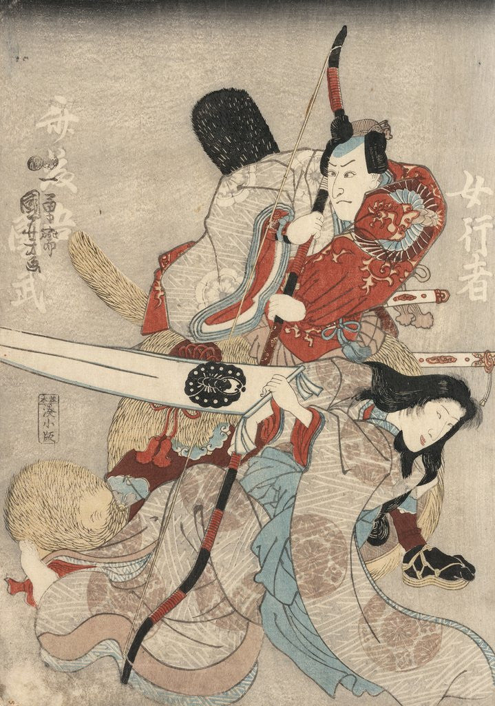 Detail of Two actors in the roles of Saitogo Kunitake and a female Buddhist devotee by Anonymous