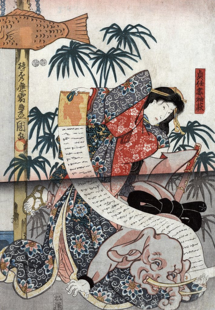 Detail of An actor in the role of Sodehagi, wife of Sadato by Anonymous