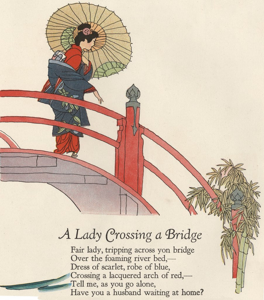 Detail of Woman in kimono crossing bridge by Corbis