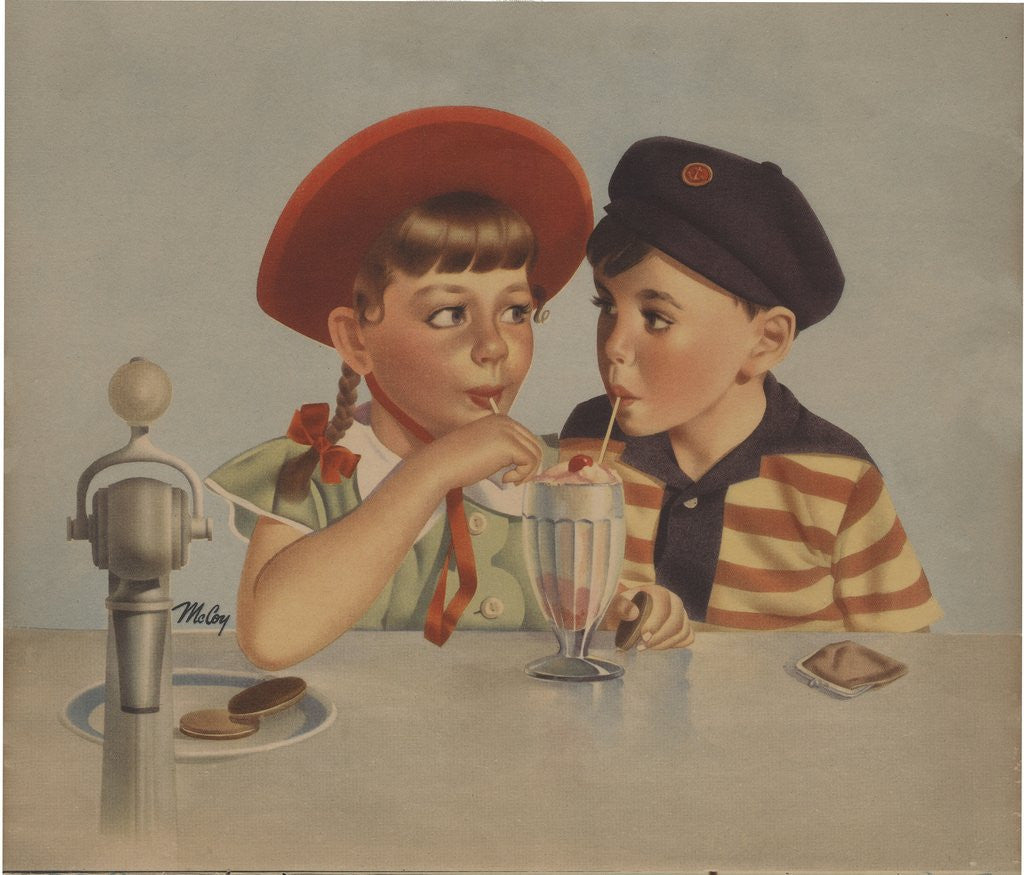 Detail of Boy and girl sharing ice cream soda by Anonymous