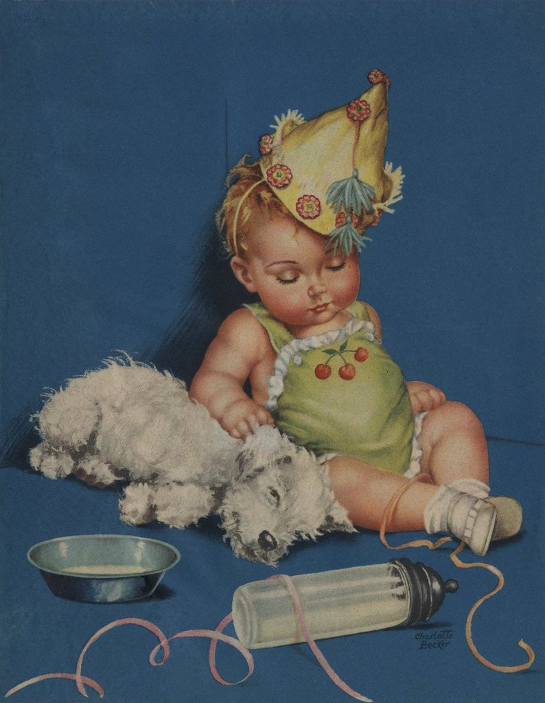 Detail of Sleeping baby in party hat with sleeping dog by Anonymous