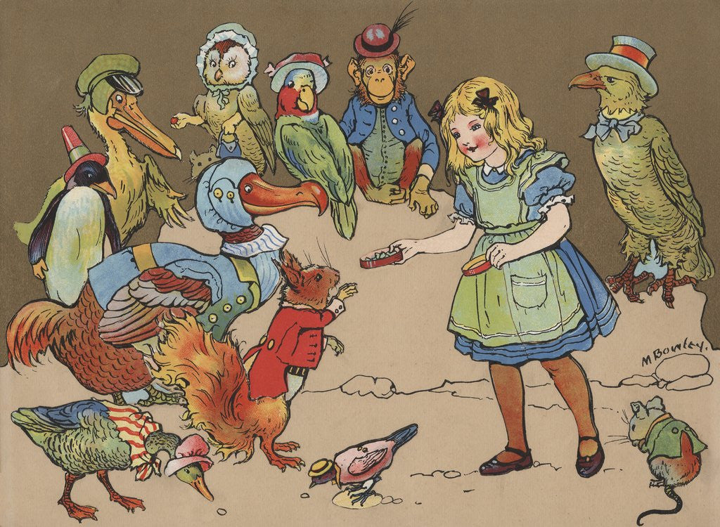 Detail of Little girl with group of animals wearing clothing by Anonymous