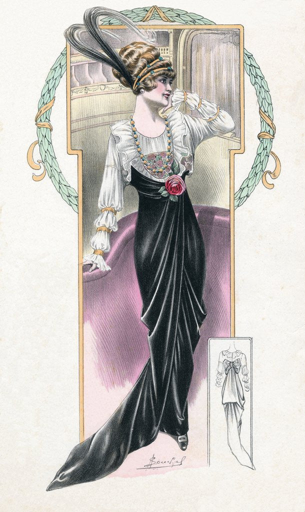 Detail of Woman modeling black and white dress and feathered hat by Anonymous