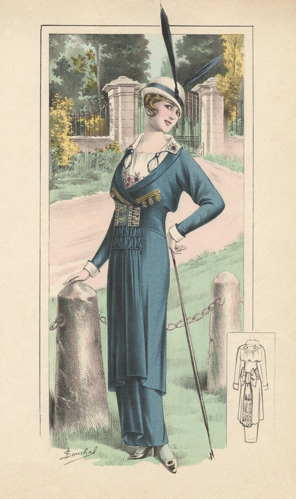 Detail of Woman modeling blue dress and feathered hat by Anonymous