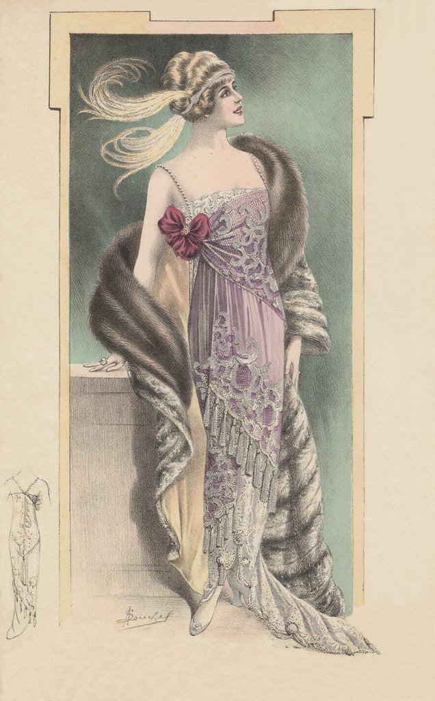 Detail of Woman modeling pink evening gown, fur stole and feathered headdress by Anonymous