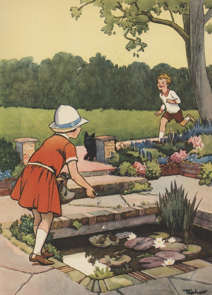 Detail of Girl feeding birds at lily pond by Anonymous