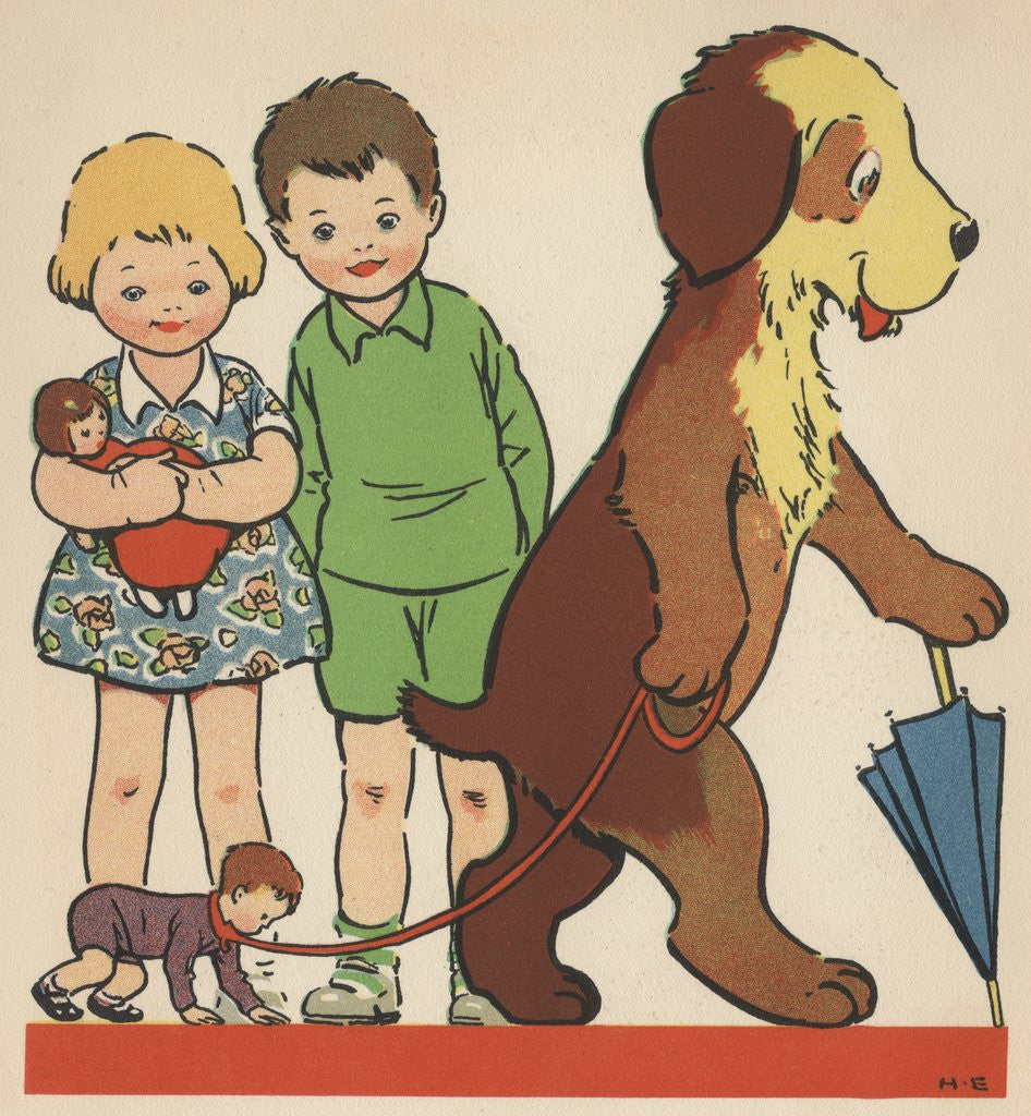 Detail of Children watching dog walking doll on leash by Anonymous