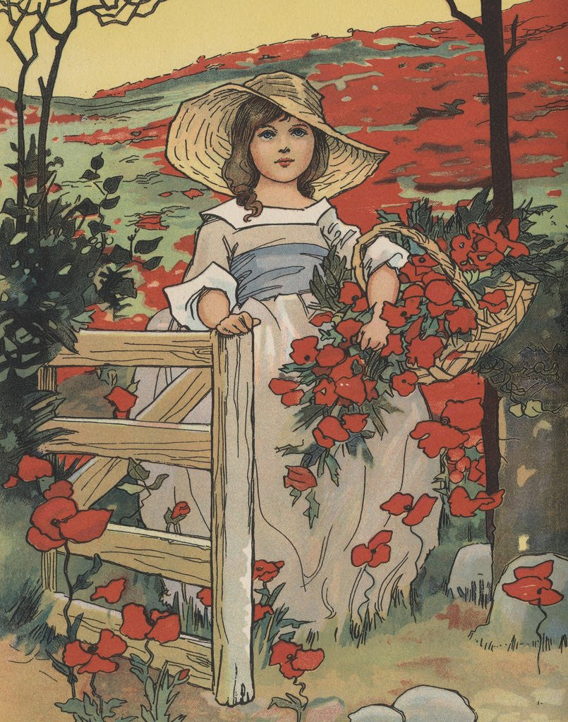 Detail of Girl carrying basket with red flowers by Anonymous