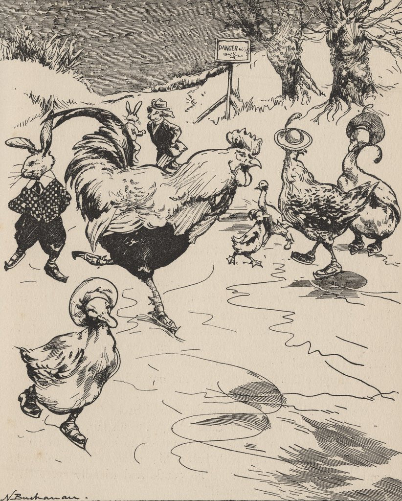 Detail of Rabbits, ducks and rooster ice skating on pond by Anonymous
