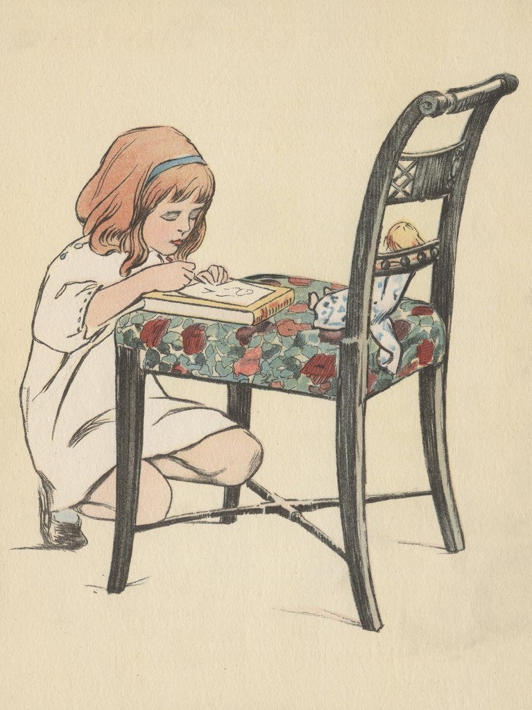 Detail of Little girl writing on chair by Anonymous