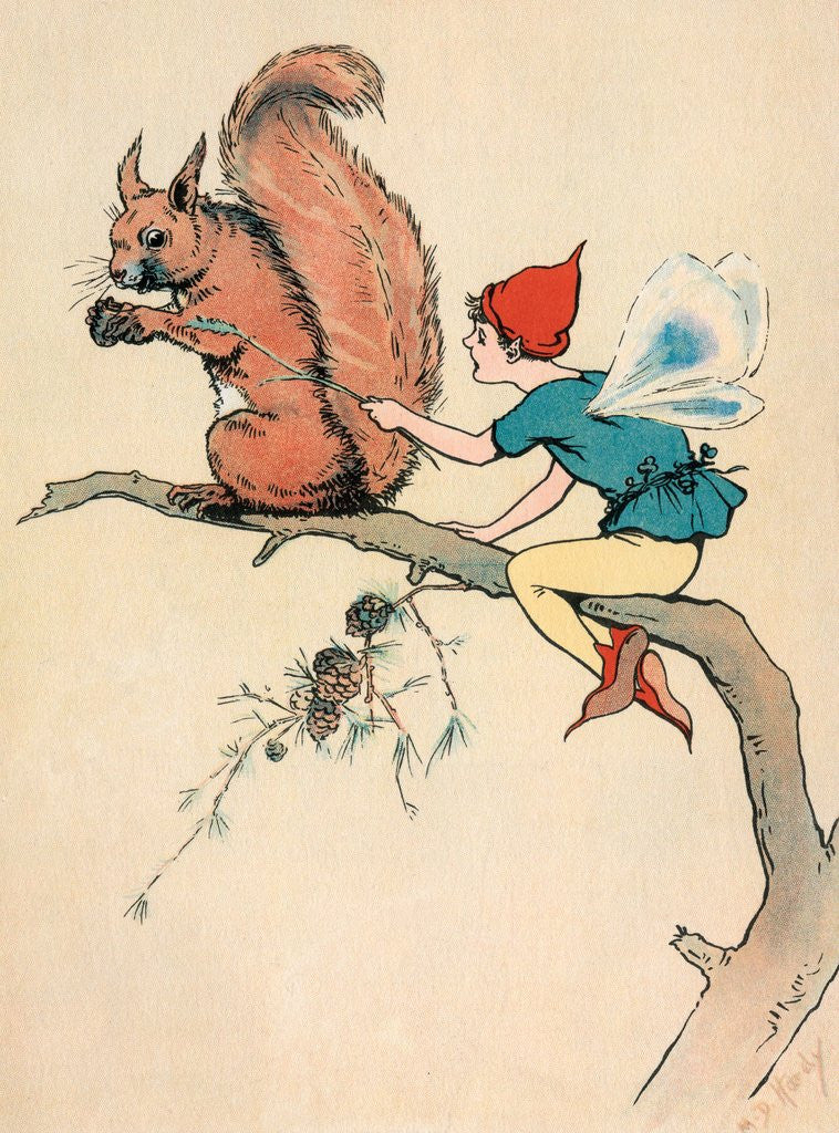 Detail of Elf and squirrel sitting on tree branch by Corbis
